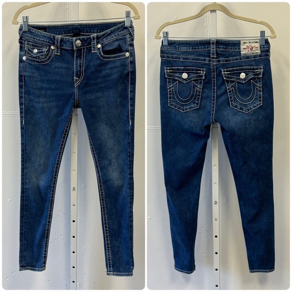 True Religion Jennie Mid Rise Big T Curvy‎ Skinny Jeans Signature Pockets W29